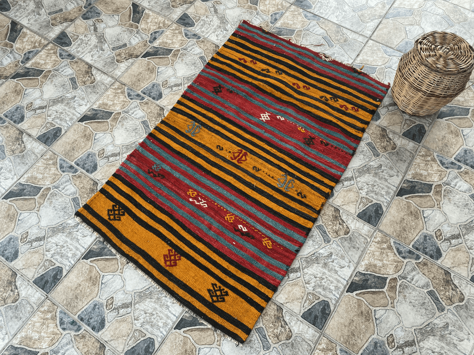 Vintage Turkish Kilim Rug | Handmade Tribal Wool Rug | Small 2x4 ft | Farmhouse