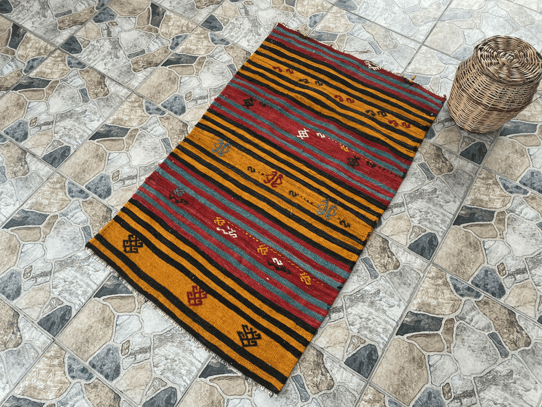 Vintage Turkish Kilim Rug | Handmade Tribal Wool Rug | Small 2x4 ft | Farmhouse