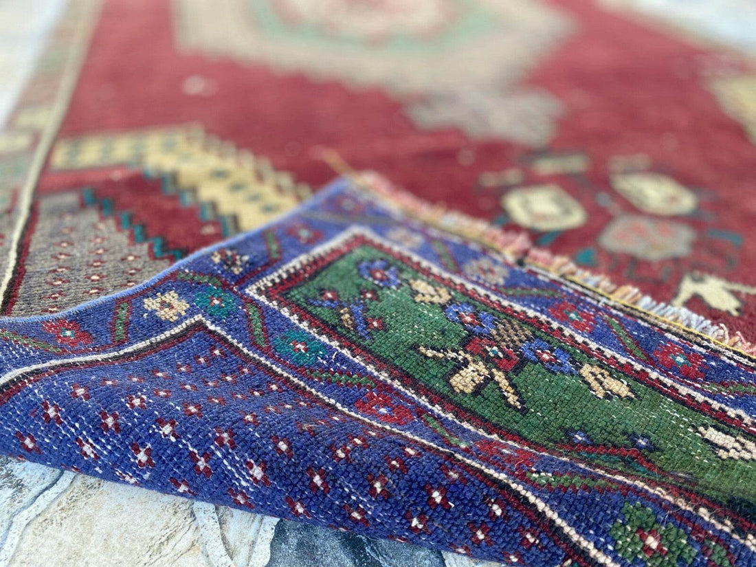 Vintage Turkish Rug | Burgundy Handmade Wool Geometric Antique Anatolian 3.2x7.7