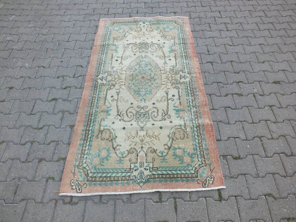 Vintage Oushak Farmhouse Rug, Turkish Anatolian Handknotted Wool Area 3.9x7.3 ft
