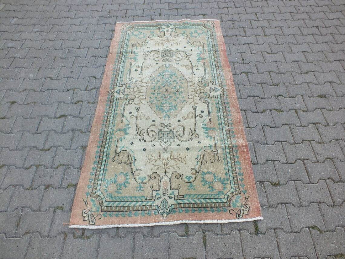 Vintage Oushak Farmhouse Rug, Turkish Anatolian Handknotted Wool Area 3.9x7.3 ft