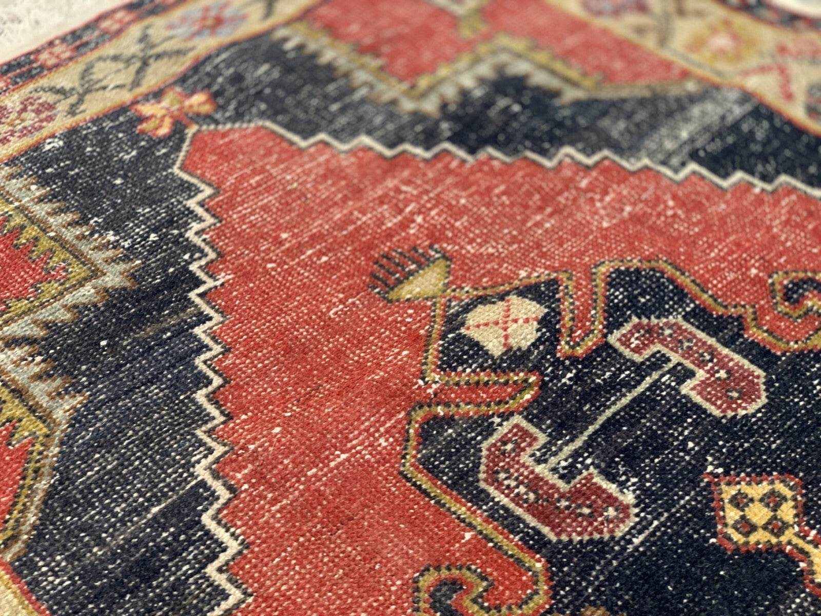 Vintage Oushak Geometric Rug, Handmade Turkish Anatolian Wool Carpet 4.2x8.6