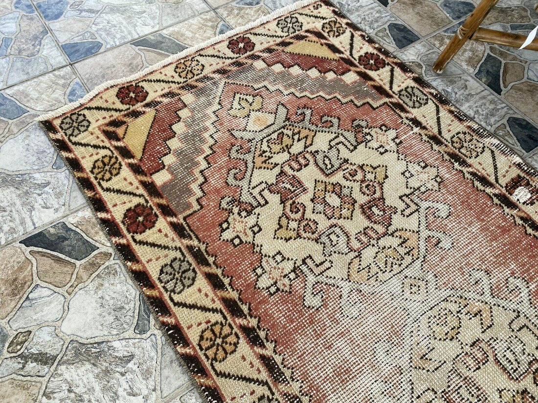 Vintage Turkish Wool Rug, Bohemian Geometric Farmhouse Handmade Runner Rug 3x9ft