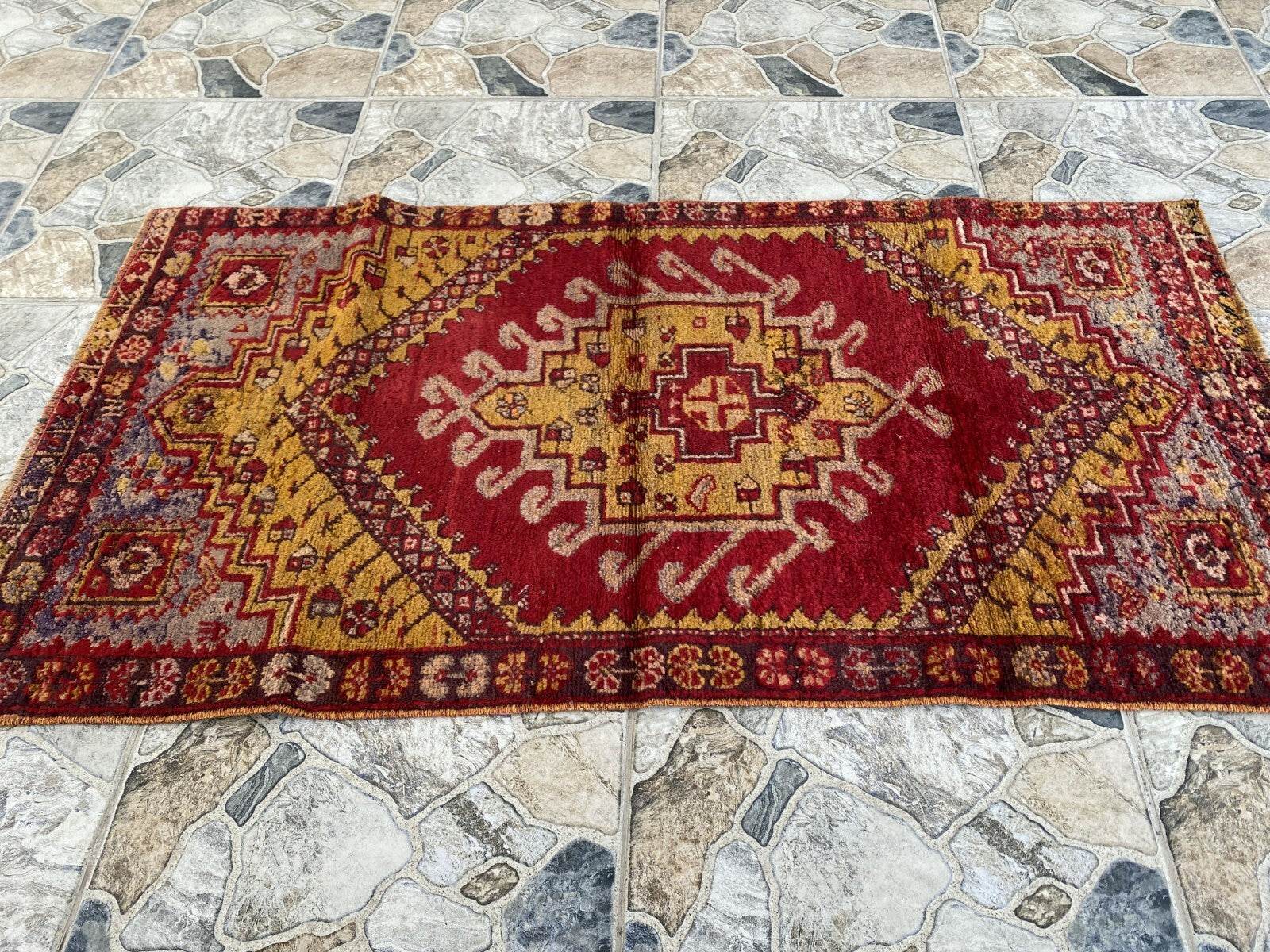 Handmade Turkish Vintage Rug | 1970s Wool Tribal Farmhouse Antique Small Carpet