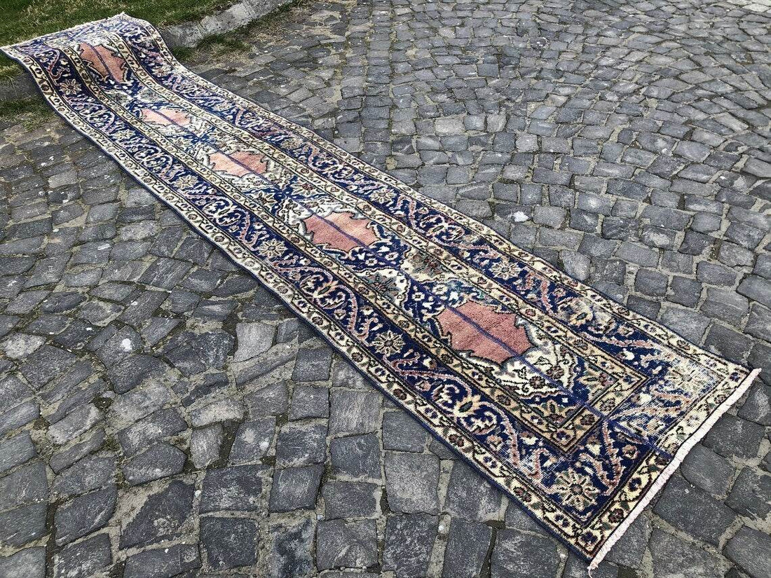 Vintage Turkish Oushak Rug | 3x11.7 ft| Antique Blue Wool Handmade Runner Carpet