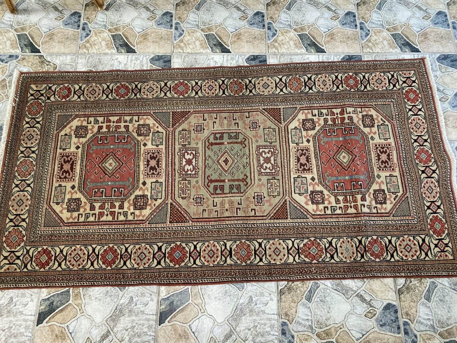 Vintage Turkish Wool Rug Hand-Knotted Antique Geometric Kayseri Tribal Area 3x6