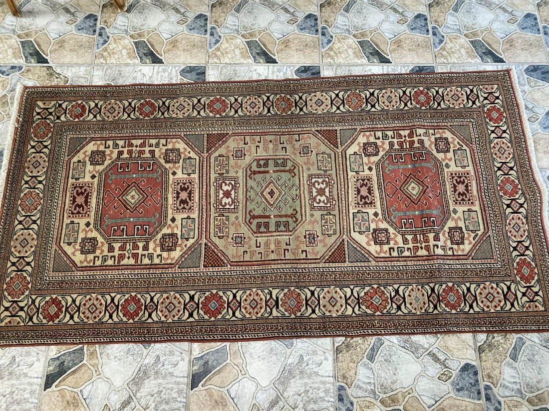 Vintage Turkish Wool Rug Hand-Knotted Antique Geometric Kayseri Tribal Area 3x6
