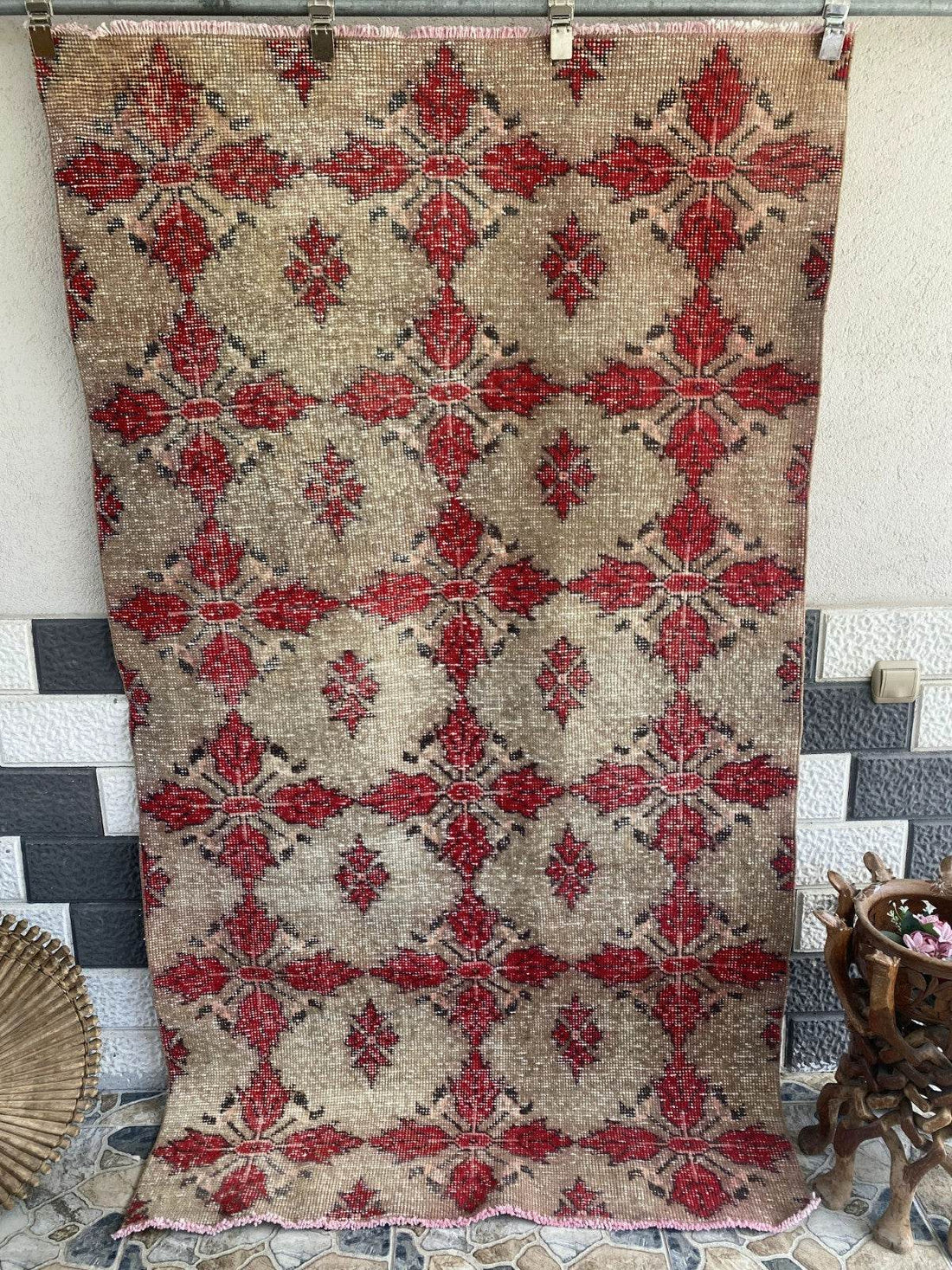Vintage Turkish Area Rug 4x7 ft | Hand-Knotted Wool Carpet Bold Geometric Tribal