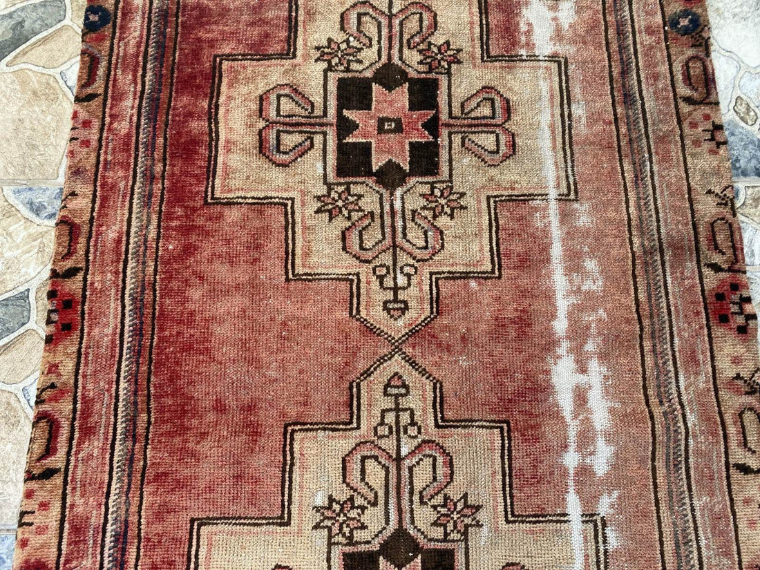 Vintage Anatolian Area Rug | 3.0x6.7 ft Hand-Knotted Wool Faded Rustic Geometric