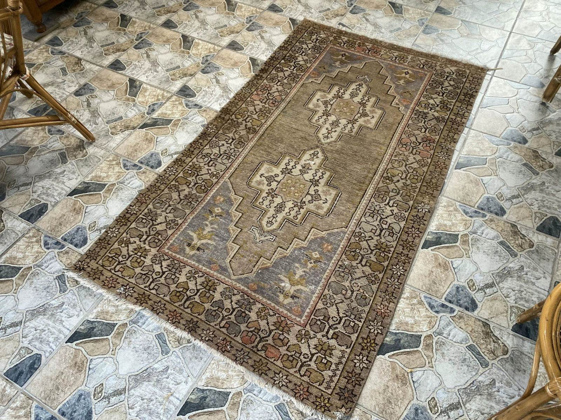 Vintage Turkish Wool Rug Hand-Knotted Antique Geometric Oushak Tribal Area 3x6