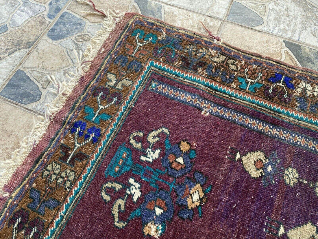 Vintage Turkish Handmade Wool Prayer Rug | Geometric Anatolian Oushak Carpet 2x4