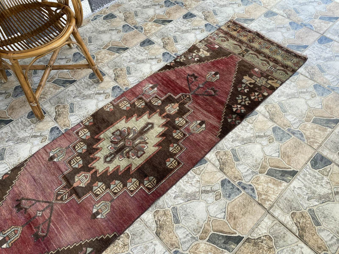 Vintage Rug | Farmhouse Antique Wool Anatolian Runner Handmade Turkish 2.1x8.6ft