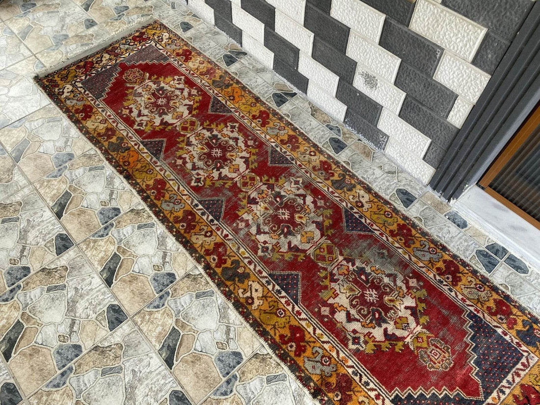 Vintage Turkish Wool Rug - Handmade Antique Red Oushak Kurdish Runner Rug 3x9 ft