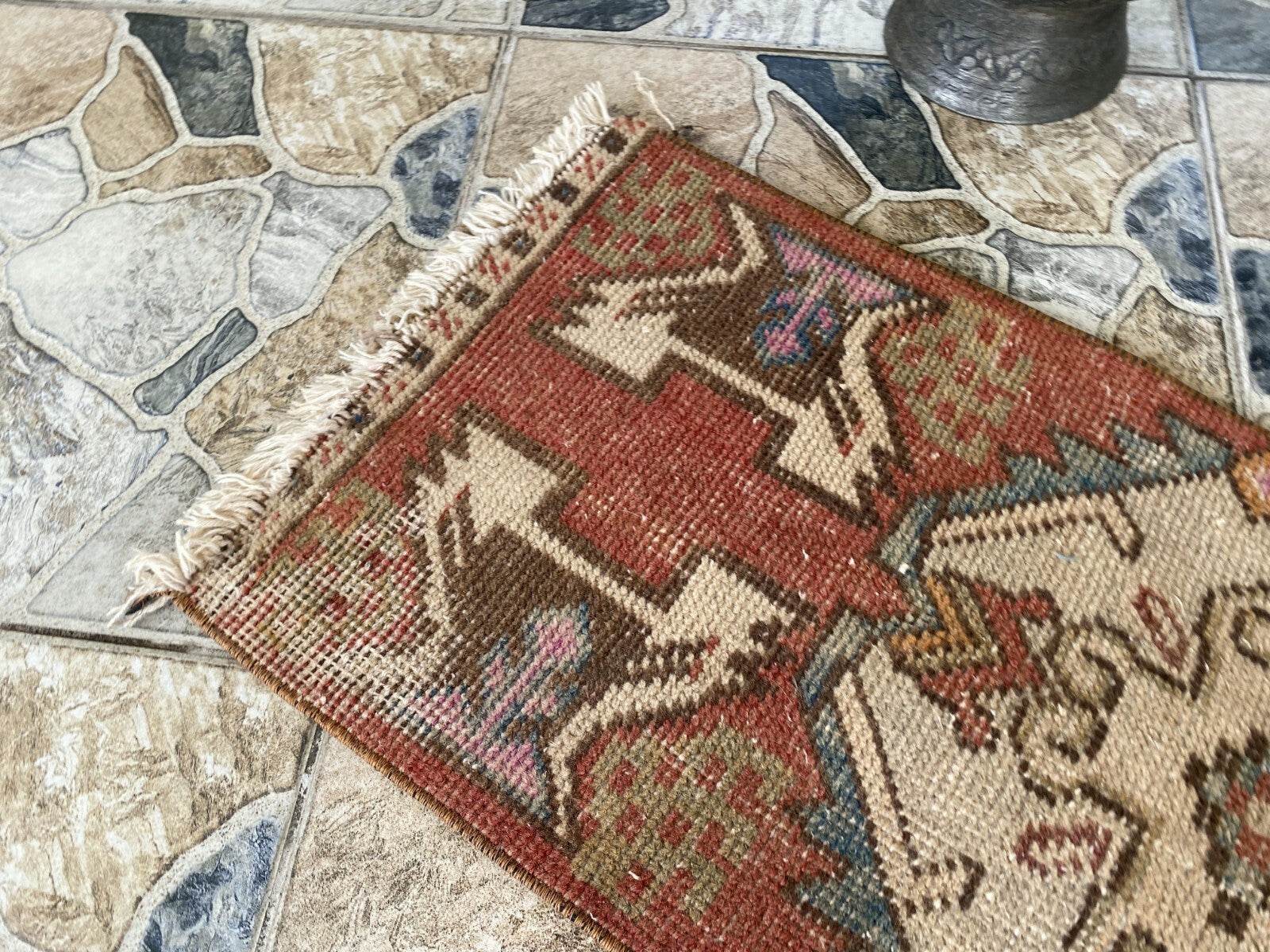 Vintage Turkish Wool Rug, Hand-Knotted Antique Geometric Oushak Small Runner 1x3