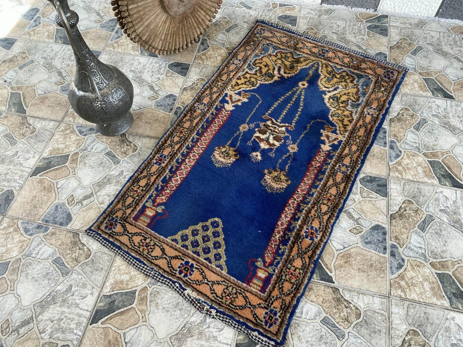 Blue Turkish Prayer Vintage Rug, 1990s Handmade Wool Geometric Farmhouse Small