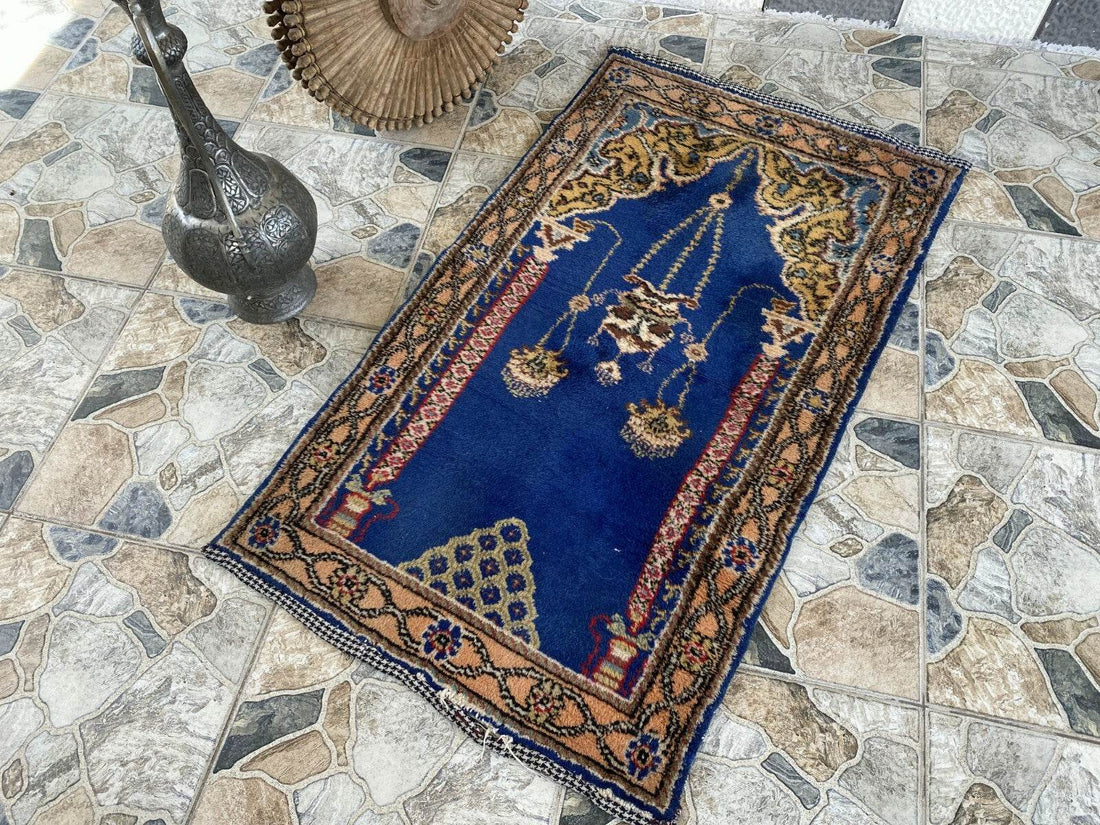 Blue Turkish Prayer Vintage Rug, 1990s Handmade Wool Geometric Farmhouse Small