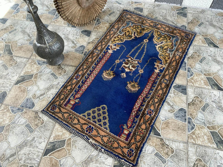 Blue Turkish Prayer Vintage Rug, 1990s Handmade Wool Geometric Farmhouse Small