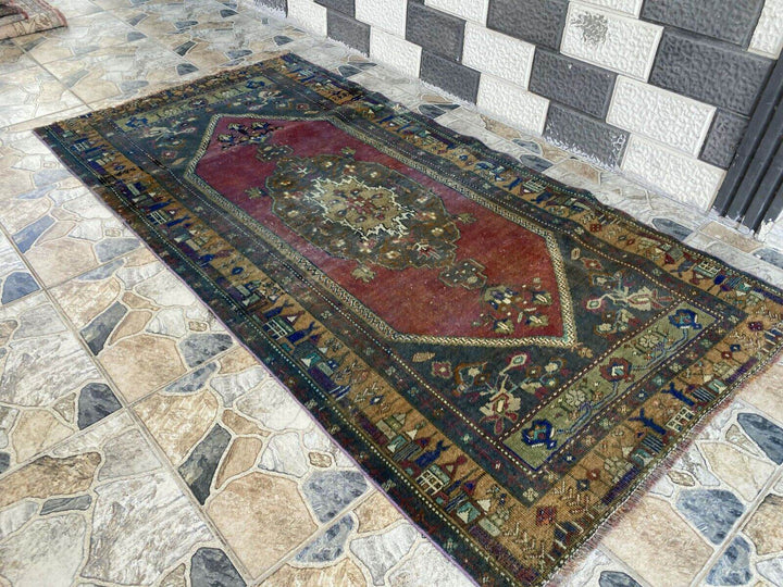 Oushak Geometric Vintage Turkish Rug Handmade Farmhouse Oriental Rug 3.3x6.6 ft