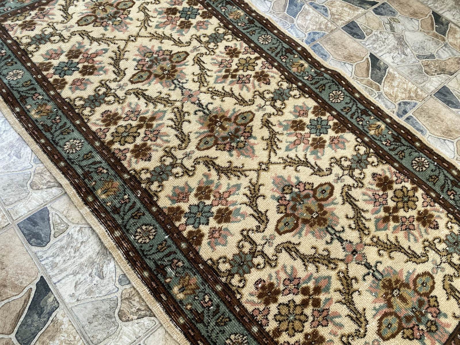 Vintage Anatolian Area Rug, 3.3x6.3 ft Hand-Knotted Wool Faded Rustic Geometric