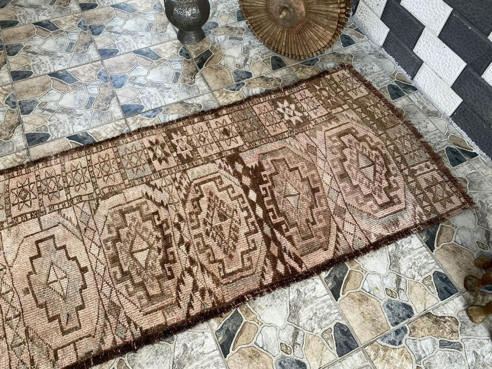 Vintage Kurdish Herki Rug | 1960s Brown Anatolian Hand-Knotted Wool Runner Rug