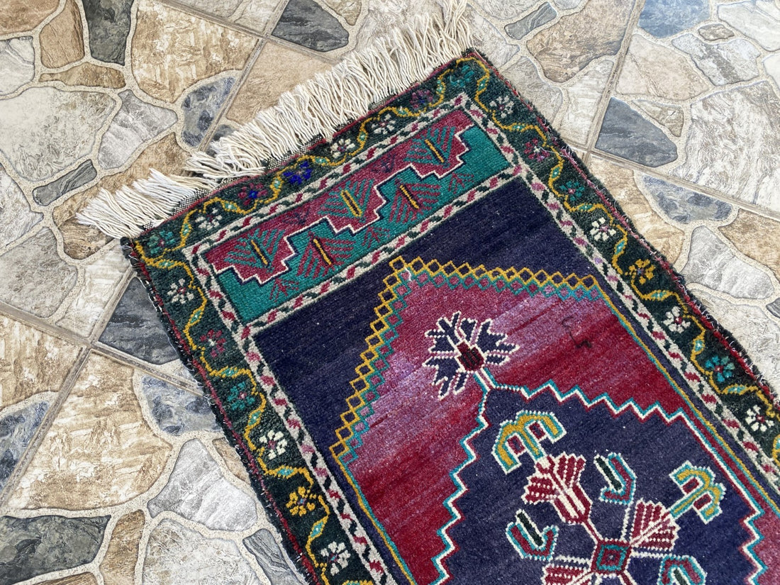 Vintage Turkish Rug 1.8x3.6 Hand Knotted Wool Anatolian Geometric Small Carpet