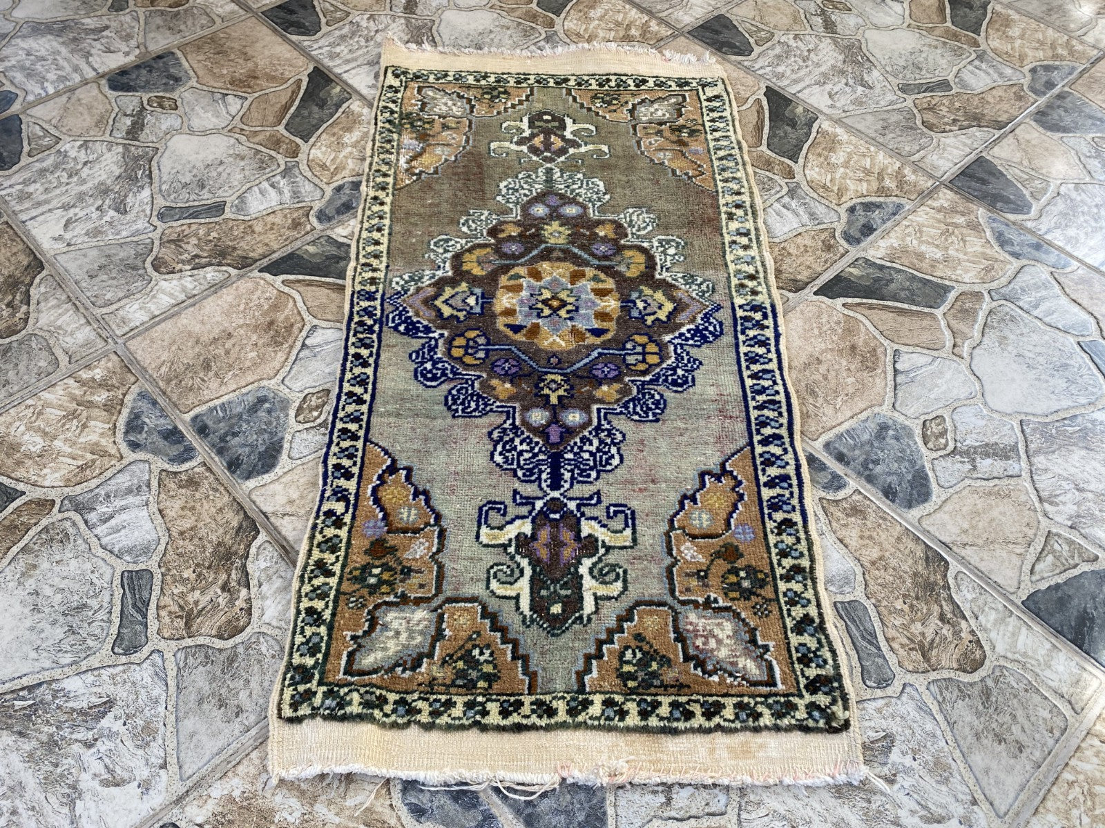 Faded Vintage Wool Rug | 1.5 x 2.9 ft Hand-Knotted Anatolian Small Medallion Rug