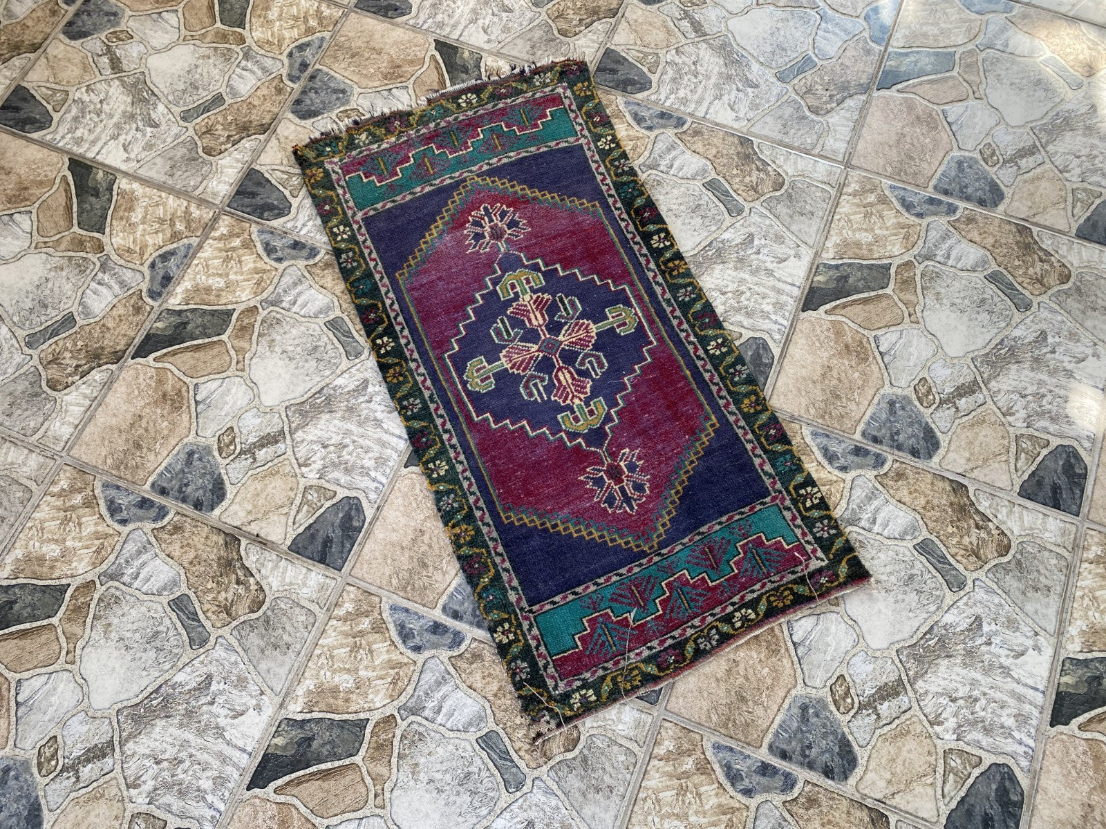 Vintage Turkish Rug 1.6x3.1 Hand Knotted Anatolian Geometric Wool Small Carpet