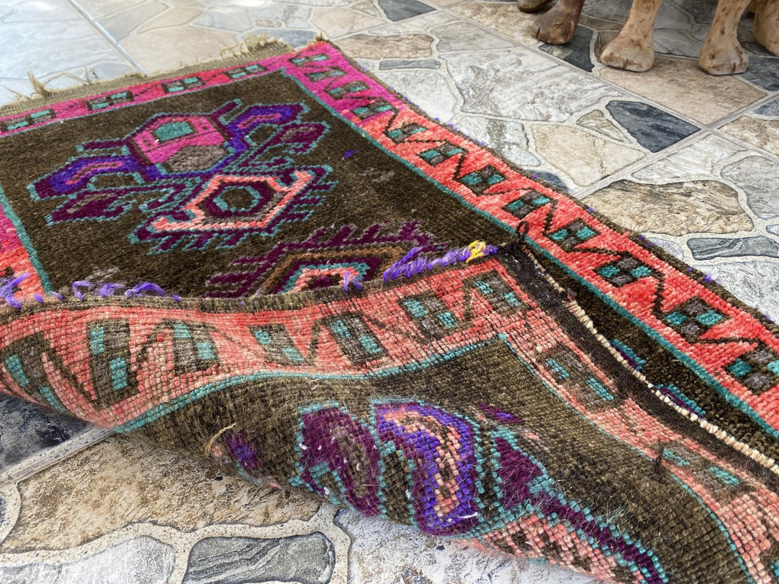 Turkish Vintage Small Rug Tribal Handmade Anatolian Kurdish Maroon 1970s 1.8x2.7