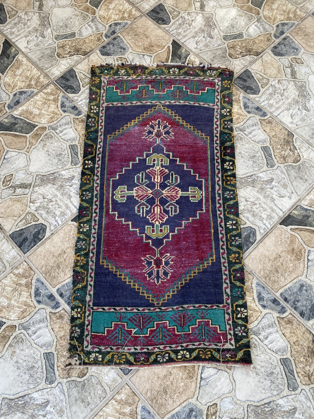 Vintage Turkish Rug 1.6x3.1 Hand Knotted Anatolian Geometric Wool Small Carpet