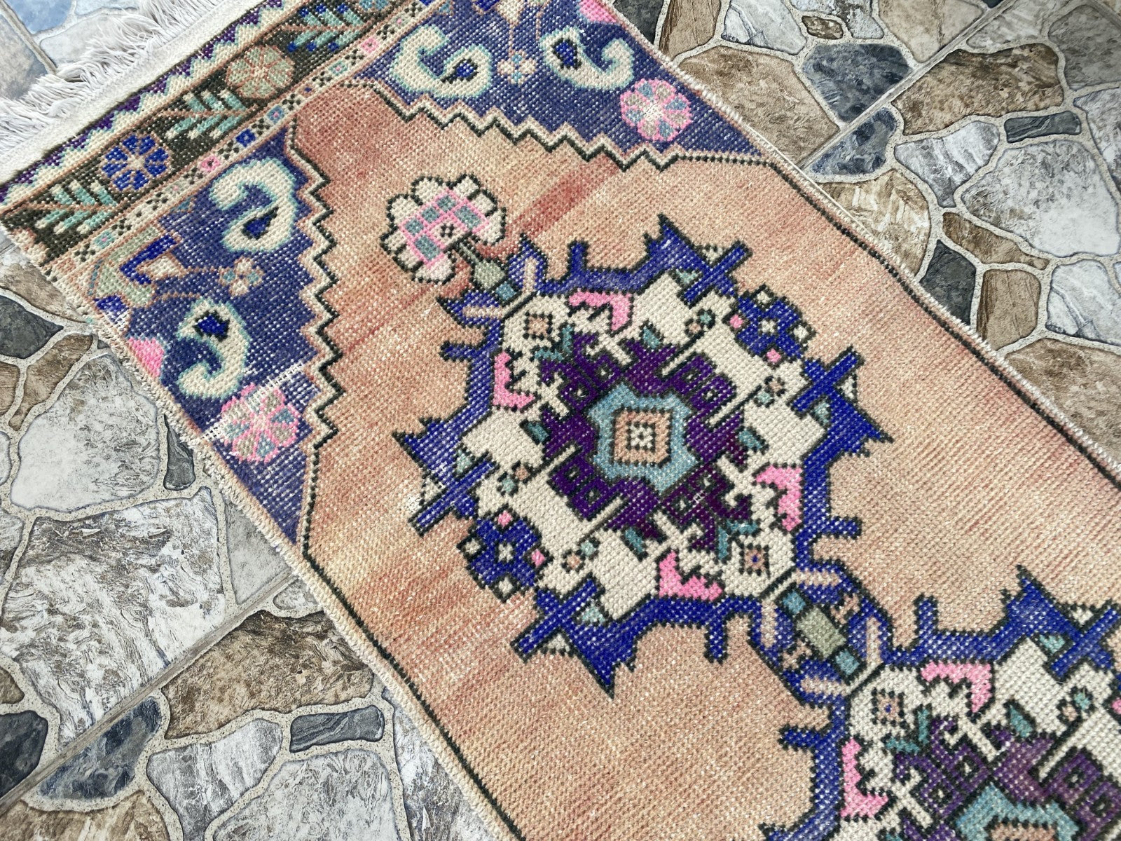 Geometric Turkish Vintage Rug, Runner Farmhouse Anatolian Tribal Village Rug 2x9