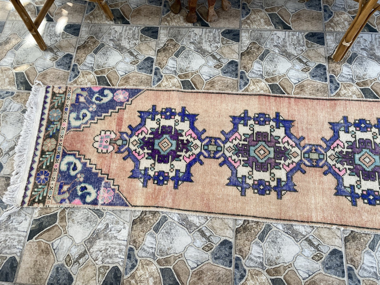 Geometric Turkish Vintage Rug, Runner Farmhouse Anatolian Tribal Village Rug 2x9