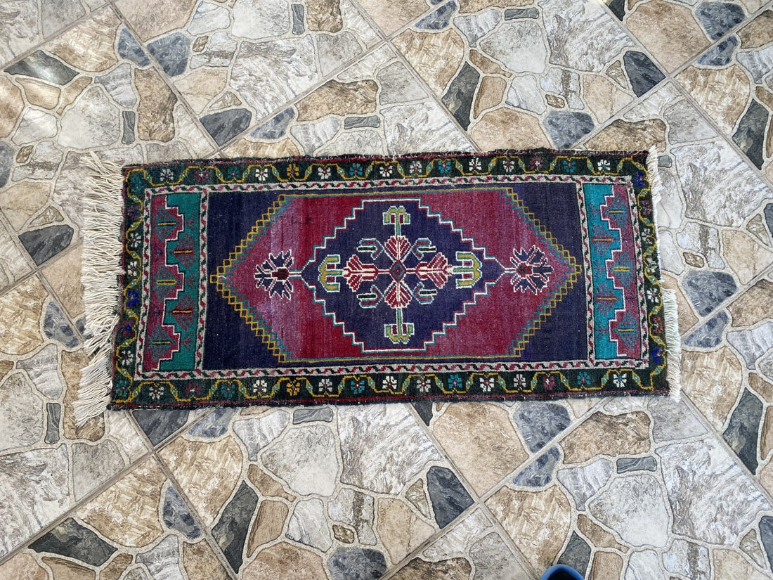 Vintage Turkish Rug 1.8x3.6 Hand Knotted Wool Anatolian Geometric Small Carpet