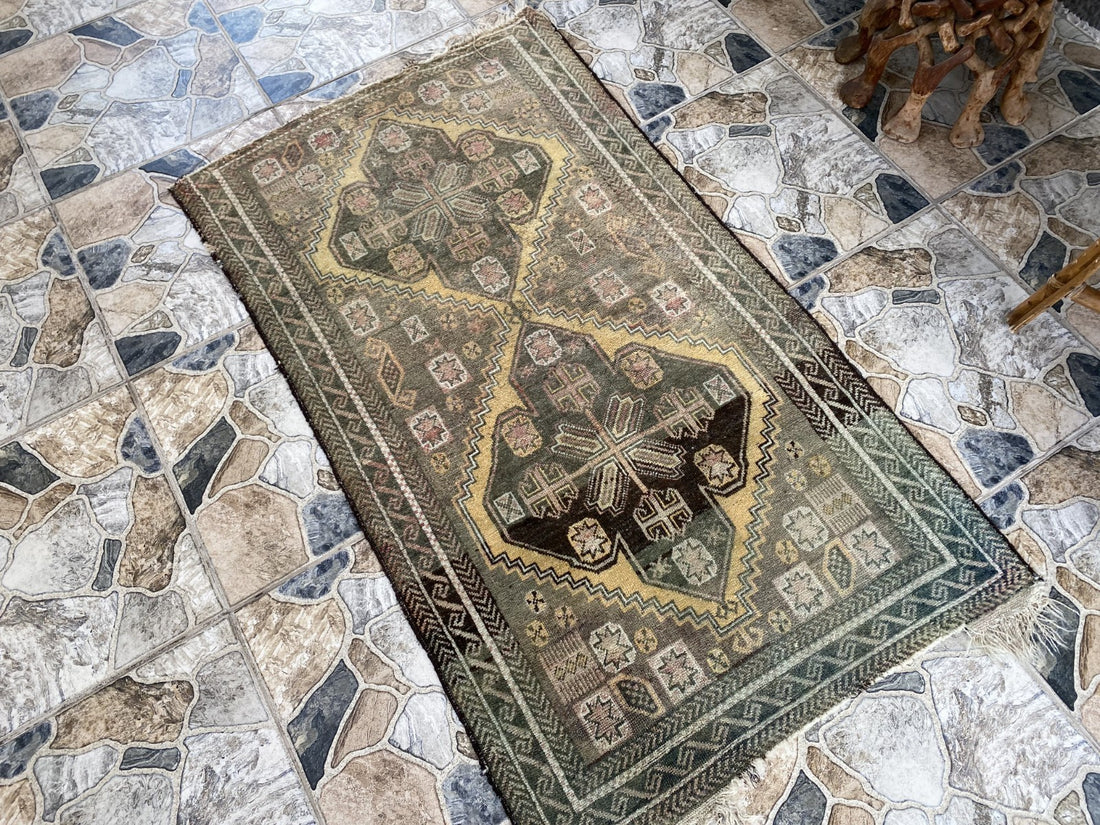 Vintage Persian Beluch Rug, Small Tribal Wool Handmade Oriental Carpet 2.6x4.5ft