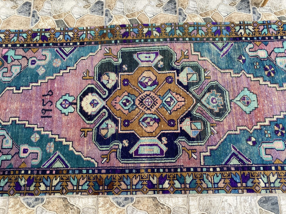 1950s Geometric Turkish Vintage Area, Tribal Handmade Anatolian Rug 3.3x7.5 ft