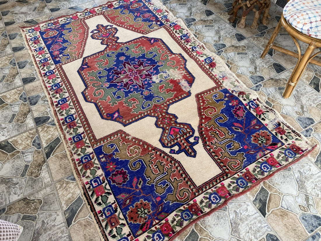 Vintage Turkish Area Rug | 4.3 x 7.3 ft Hand-Knotted Wool Distressed Antique Rug