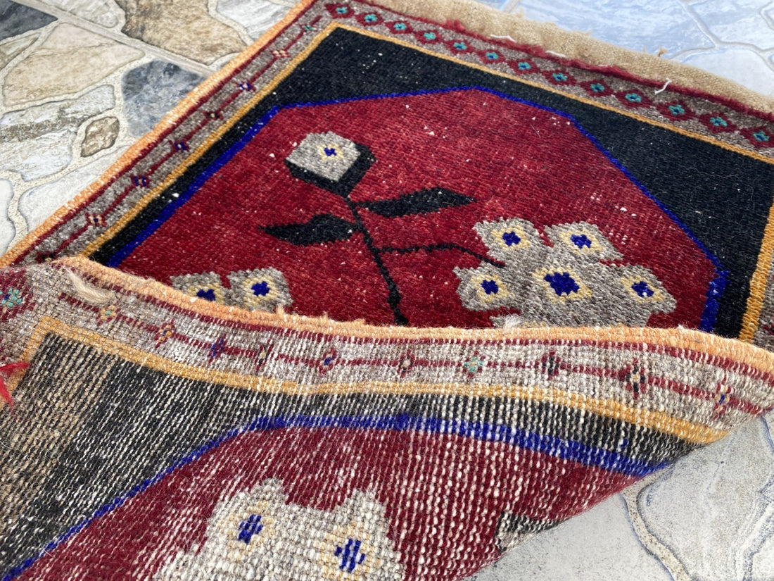 Vintage Turkish Accent Rug, Tribal Handmade Anatolian Small 1970s Red 1.7x2.6 ft