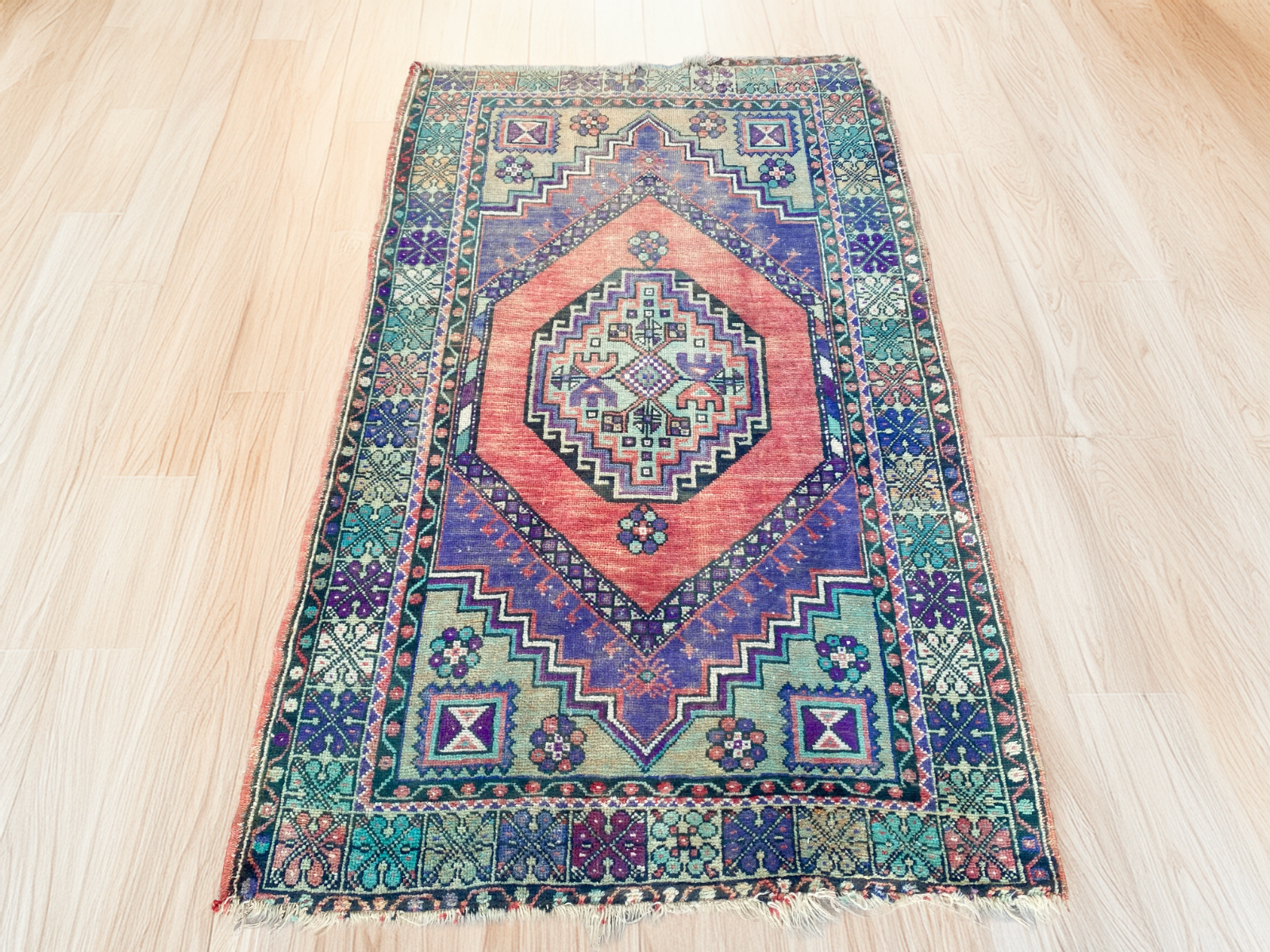 3x6 ft Vintage Turkish Rug Red Blue Farmhouse Oriental Medallion Tribal Area Rug