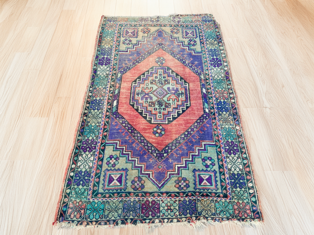 3x6 ft Vintage Turkish Rug Red Blue Farmhouse Oriental Medallion Tribal Area Rug