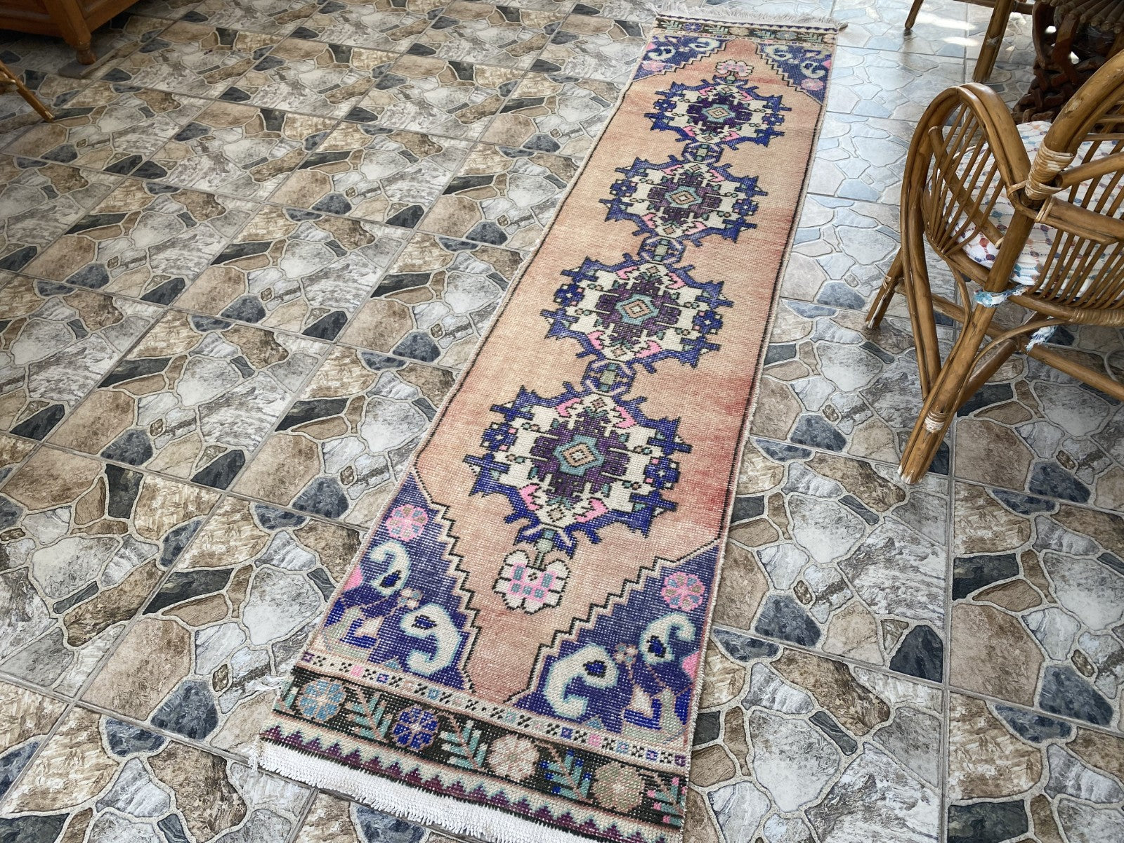 Geometric Turkish Vintage Rug, Runner Farmhouse Anatolian Tribal Village Rug 2x9