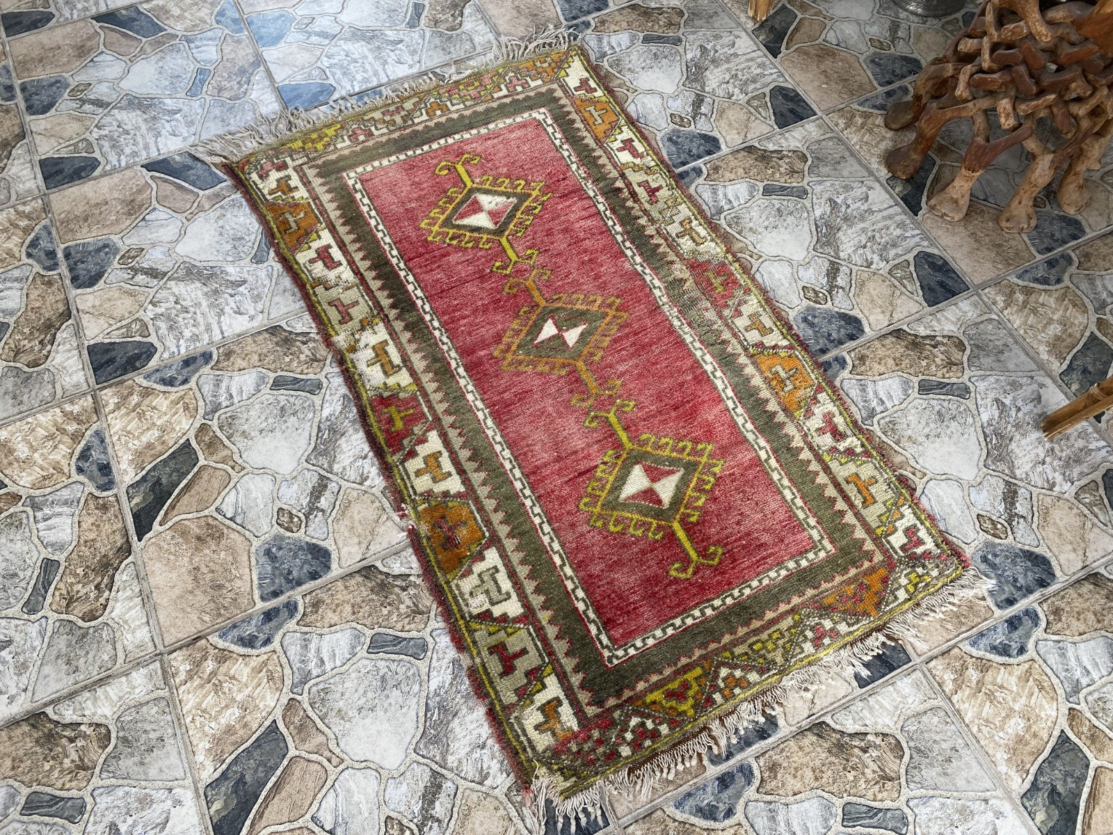 Vintage Anatolian Rug Hand-Knotted Wool Small Farmhouse Tribal Medallion 2x4 ft