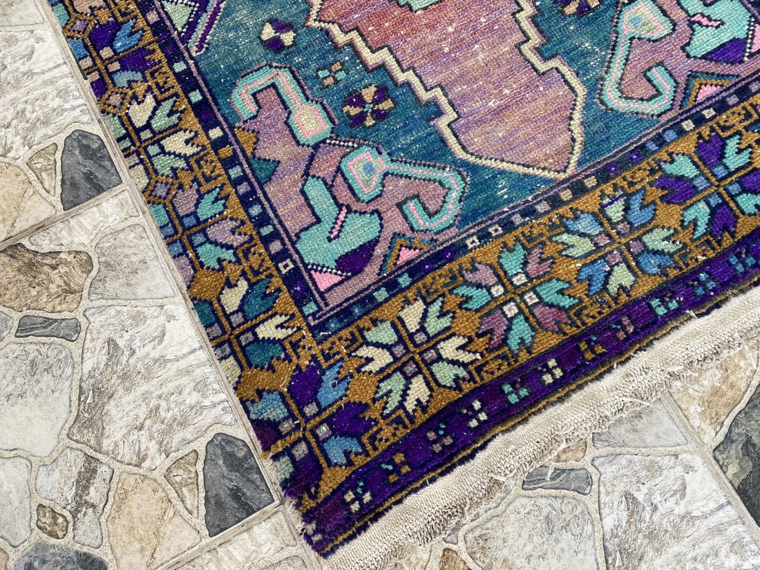 1950s Geometric Turkish Vintage Area, Tribal Handmade Anatolian Rug 3.3x7.5 ft