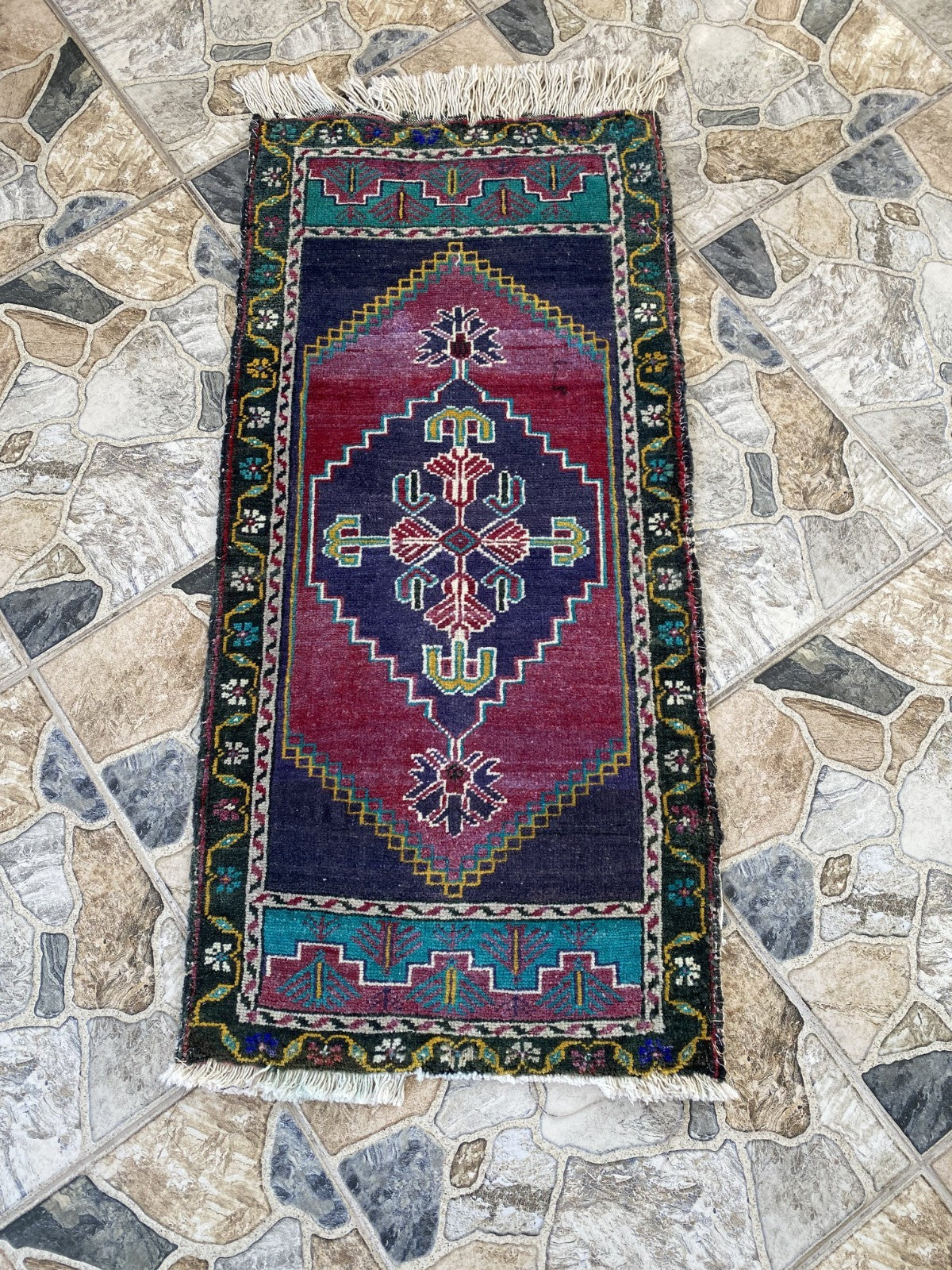 Vintage Turkish Rug 1.8x3.6 Hand Knotted Wool Anatolian Geometric Small Carpet