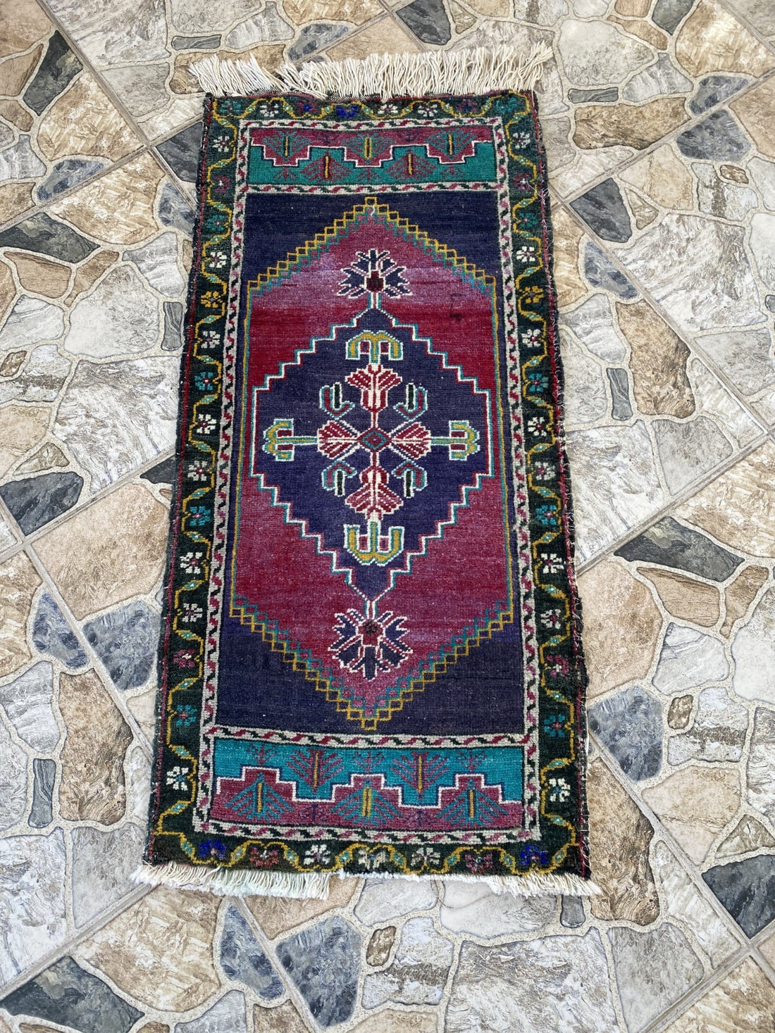 Vintage Turkish Rug 1.8x3.6 Hand Knotted Wool Anatolian Geometric Small Carpet