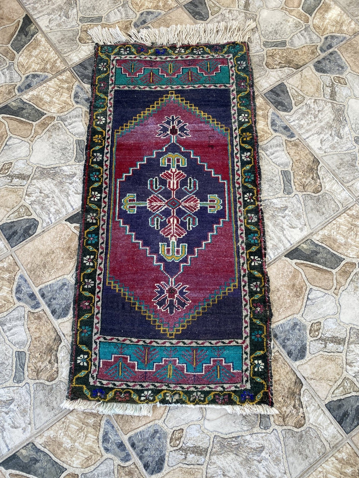 Vintage Turkish Rug 1.8x3.6 Hand Knotted Wool Anatolian Geometric Small Carpet