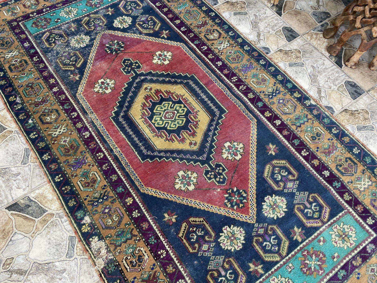 4x7 ft Vintage Turkish Rug, Geometric Pattern, Red Blue Oriental Tribal Area Rug
