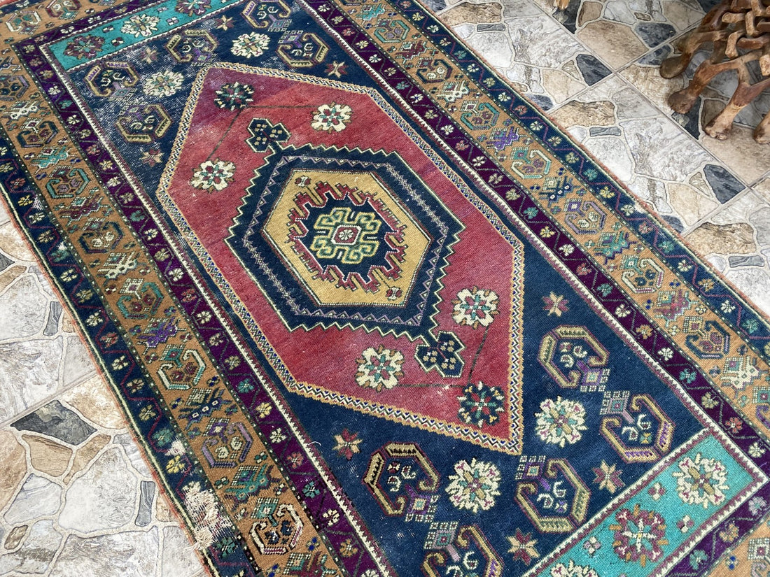 4x7 ft Vintage Turkish Rug, Geometric Pattern, Red Blue Oriental Tribal Area Rug