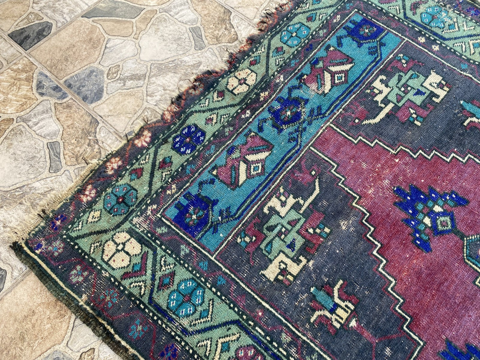 Turkish Vintage Rug, Geometric Area Farmhouse Anatolian Tribal Village Rug 3x7ft