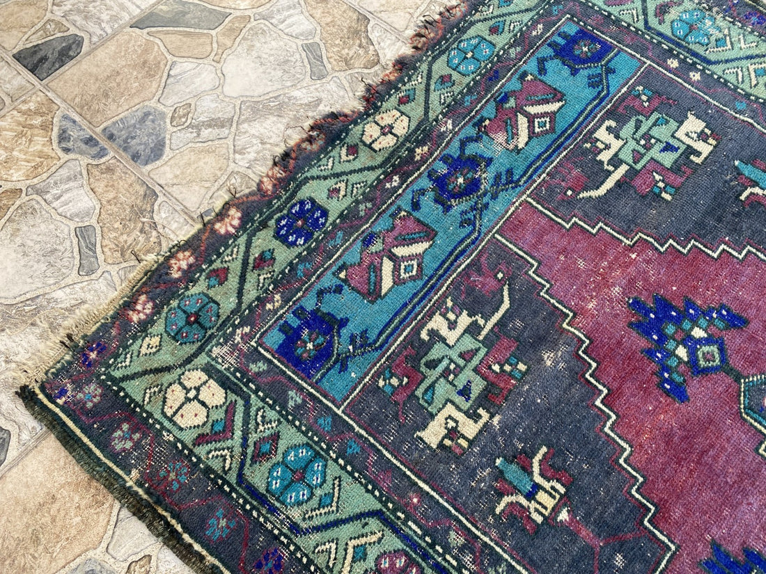 Turkish Vintage Rug, Geometric Area Farmhouse Anatolian Tribal Village Rug 3x7ft