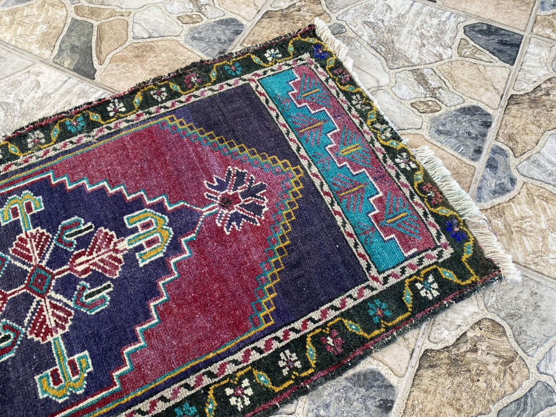 Vintage Turkish Rug 1.8x3.6 Hand Knotted Wool Anatolian Geometric Small Carpet