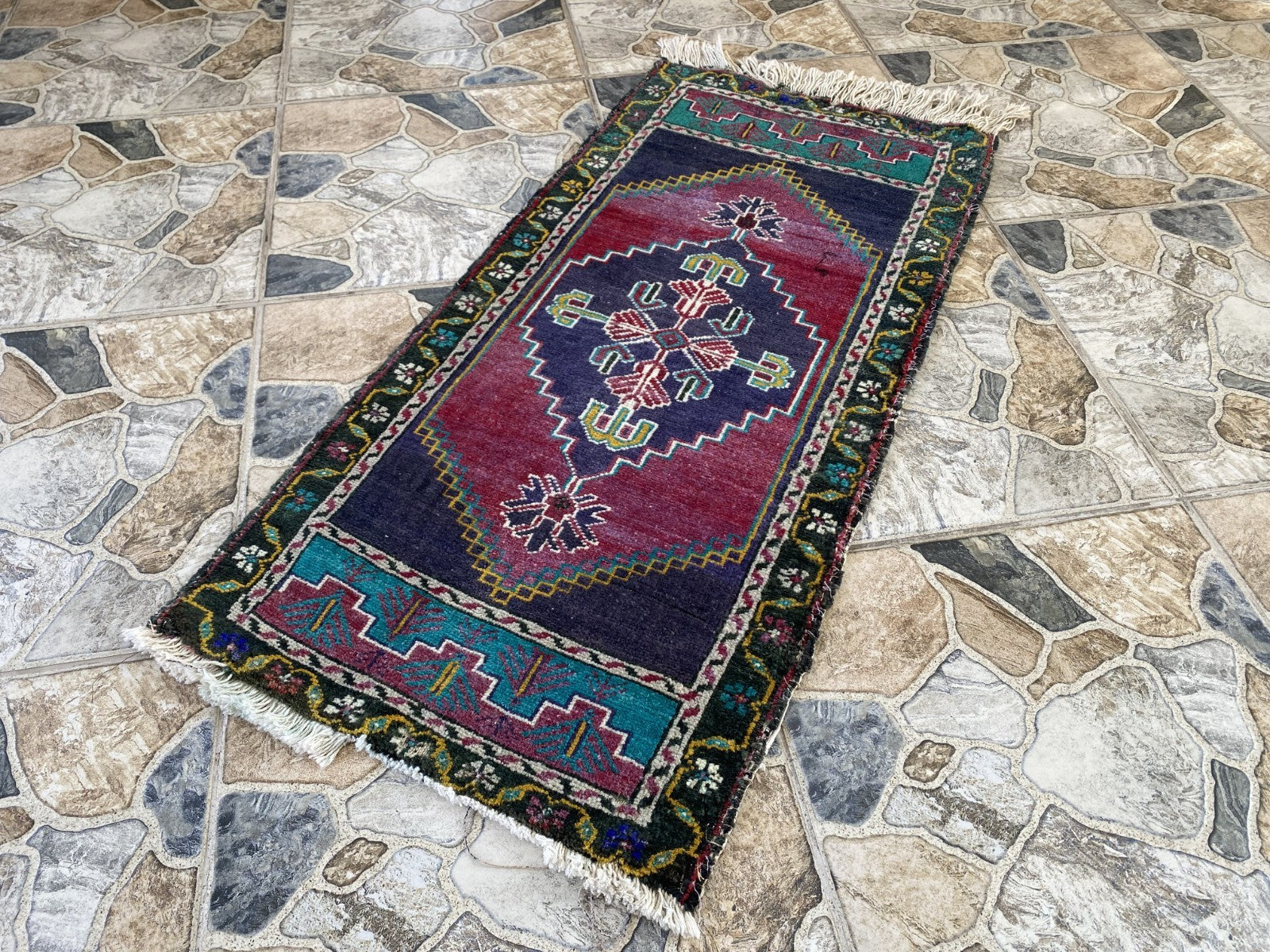 Vintage Turkish Rug 1.8x3.6 Hand Knotted Wool Anatolian Geometric Small Carpet